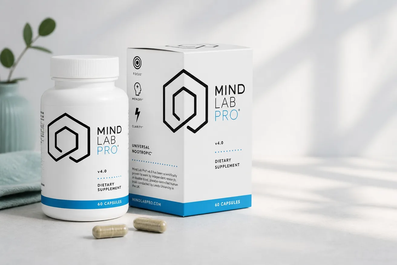 A bottle and box of Mind Lab Pro on a light surface, with two capsules resting in front