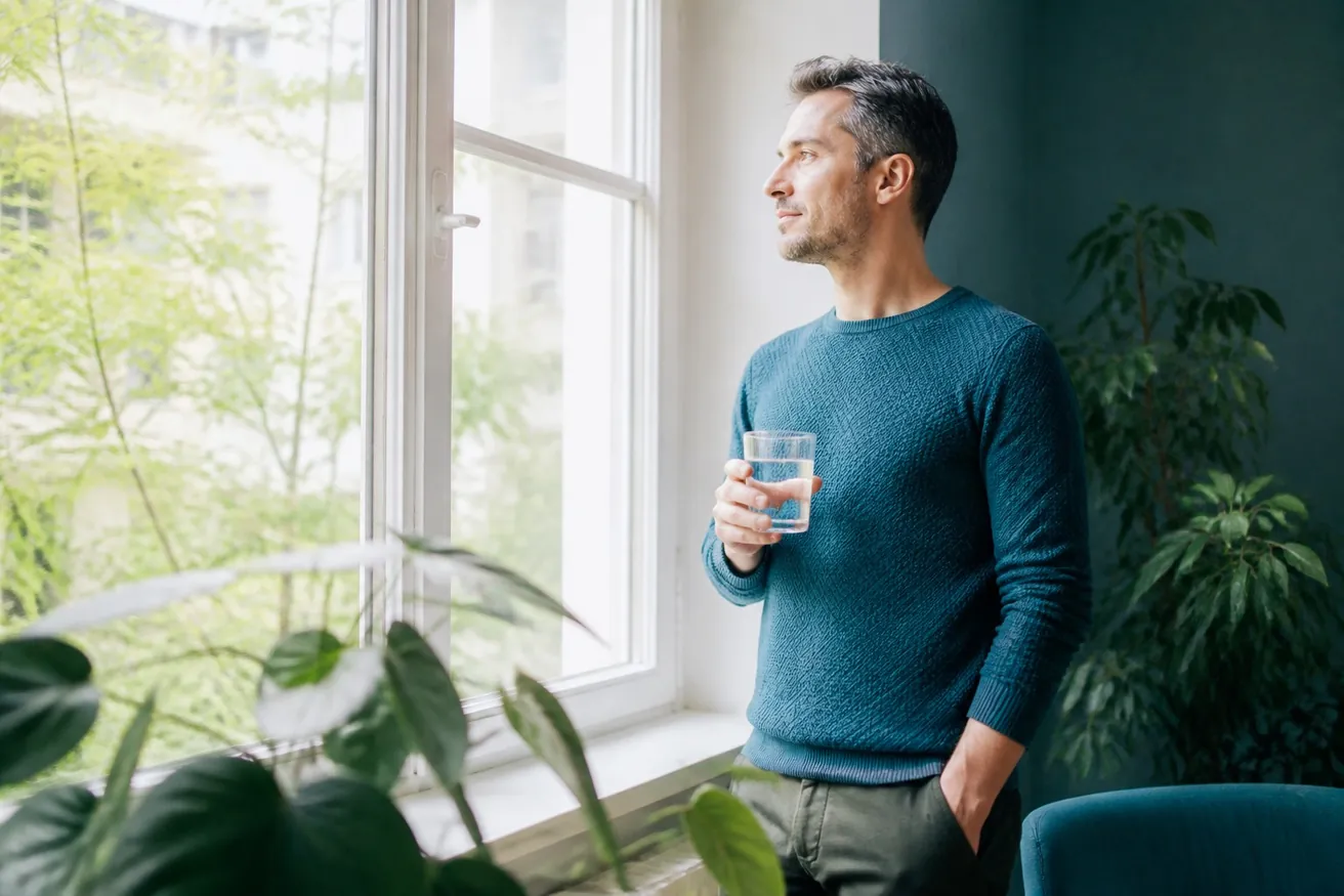 A person taking a short break by a window with a glass of water during a workday